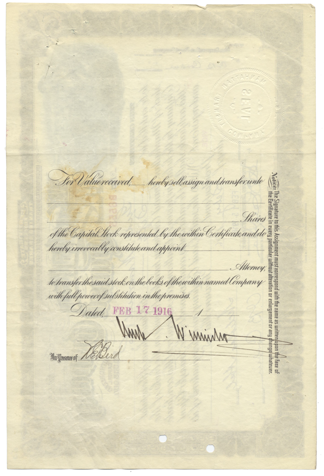 Manhattan Transit Company Stock Certificate