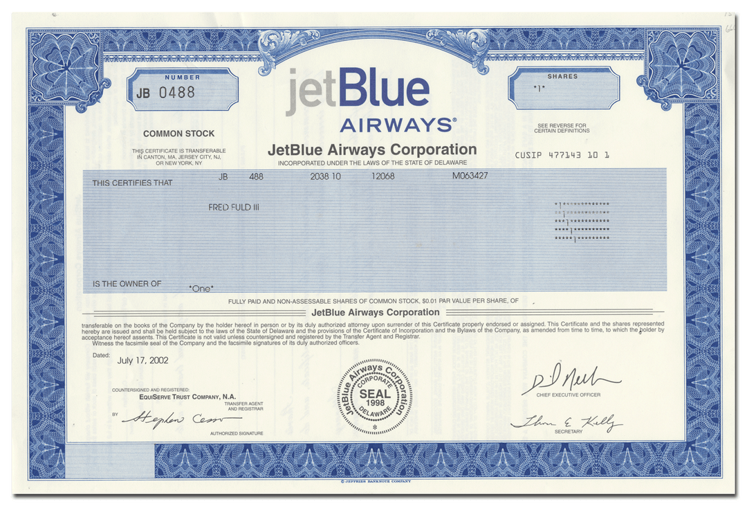 JetBlue Airways Corporation Stock Certificate