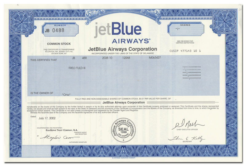 JetBlue Airways Corporation Stock Certificate