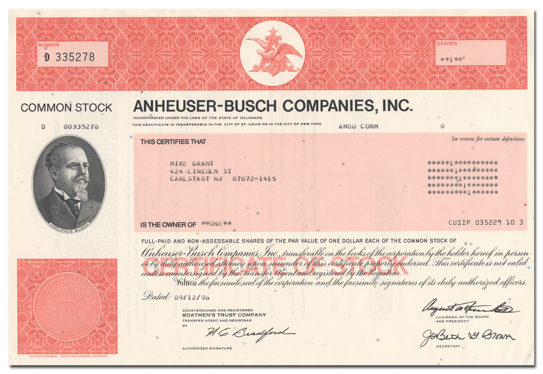 Anheuser-Busch Companies, Inc. Stock Certificate