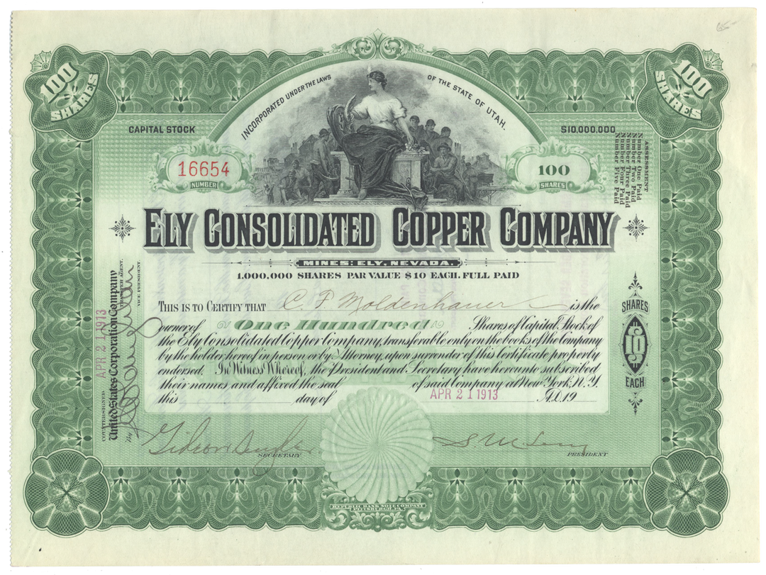 Ely Consolidated Copper Company Stock Certificate