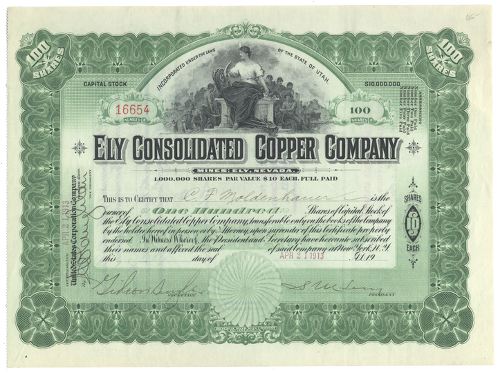 Ely Consolidated Copper Company Stock Certificate