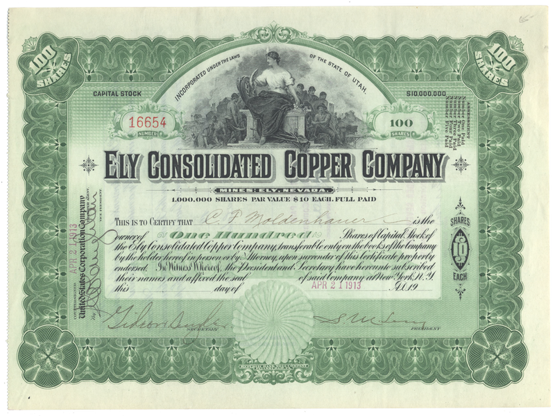 Ely Consolidated Copper Company Stock Certificate