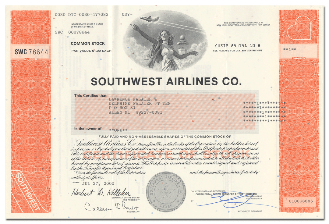 Southwest Airlines Co. Stock Certificate