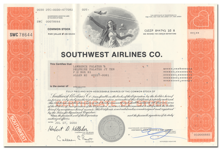 Southwest Airlines Co. Stock Certificate