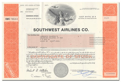Southwest Airlines Co. Stock Certificate