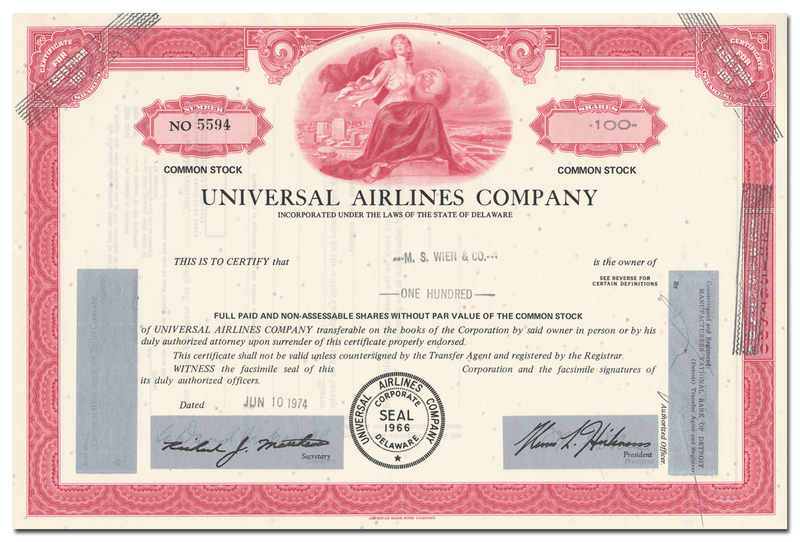 Universal Airlines Company Stock Certificate