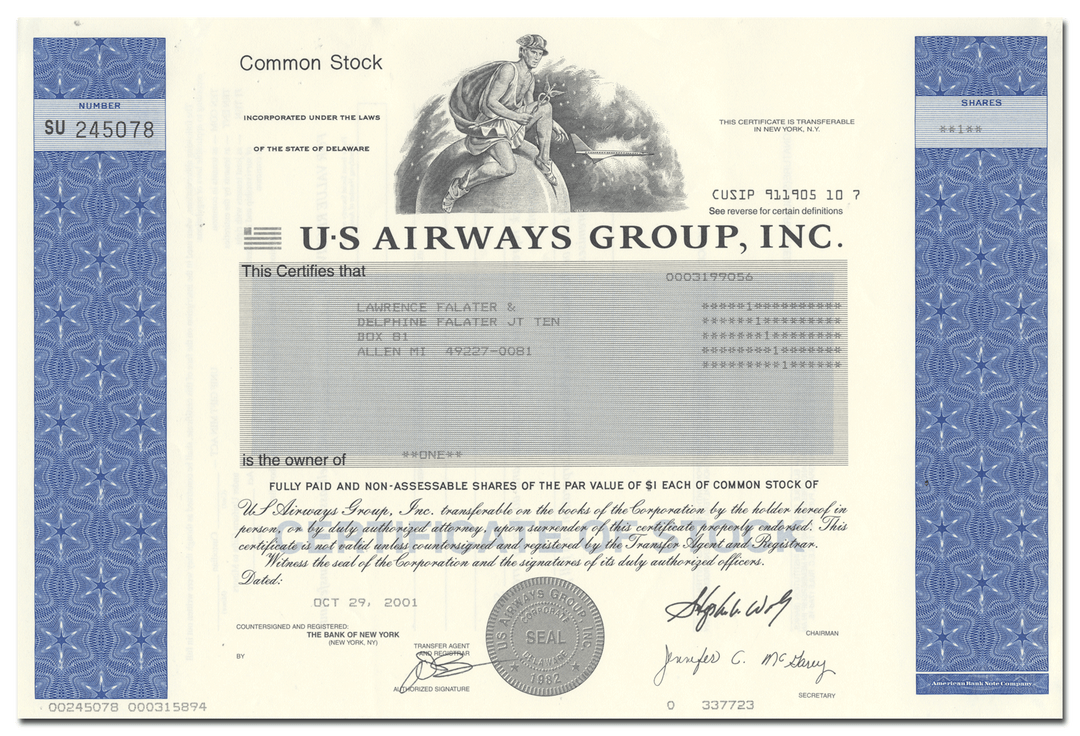 U S Airways Group, Inc. Stock Certificate