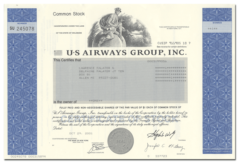 U S Airways Group, Inc. Stock Certificate