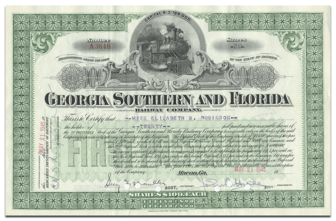 Georgia Southern and Florida Railway Company Stock Certificate