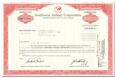 Northwest Airlines Corporation Stock Certificate