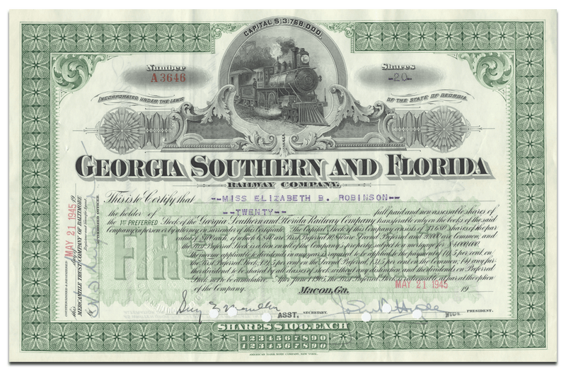 Georgia Southern and Florida Railway Company Stock Certificate