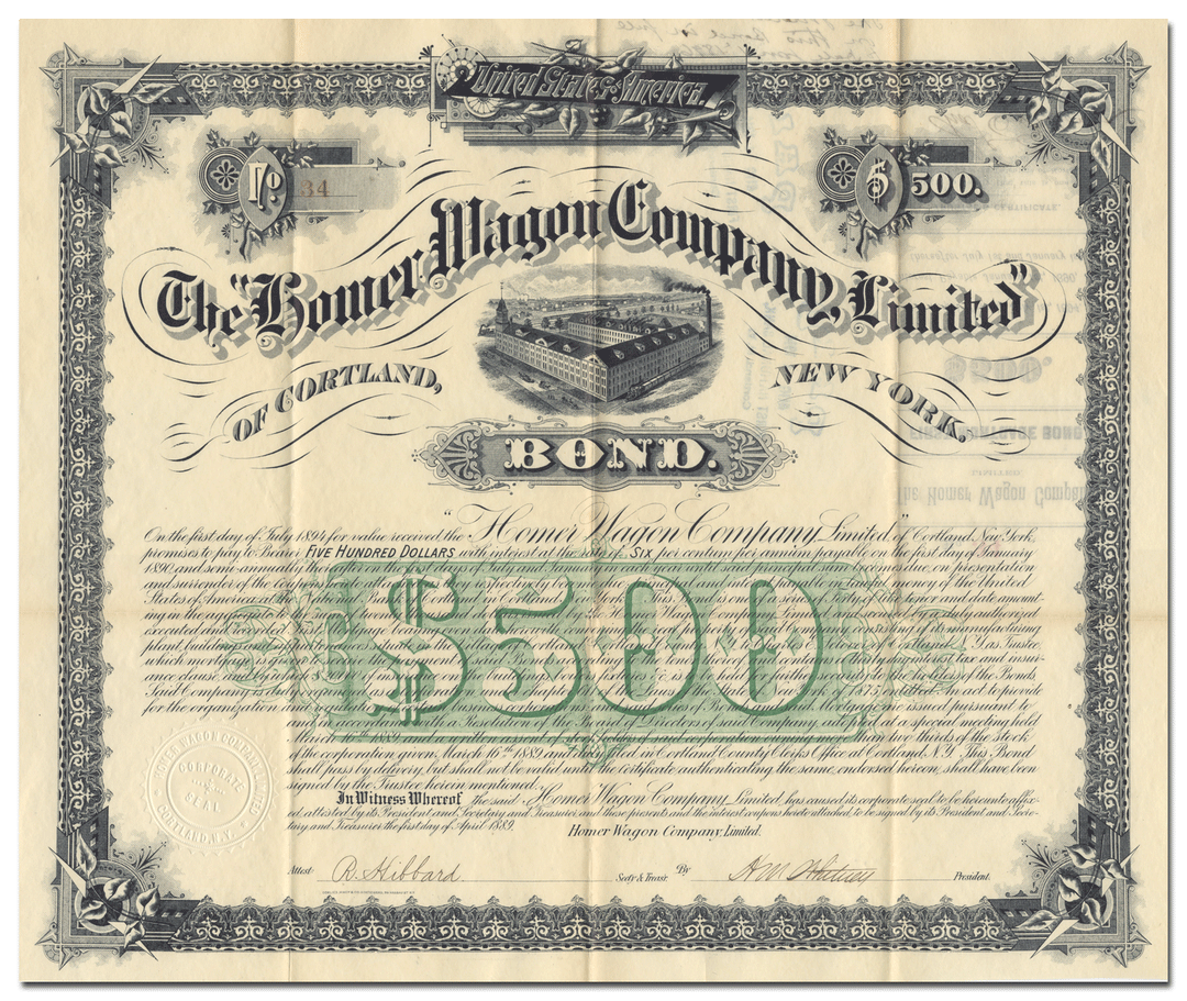 Homer Wagon Company, Limited of Cortland, New York Bond Certificate