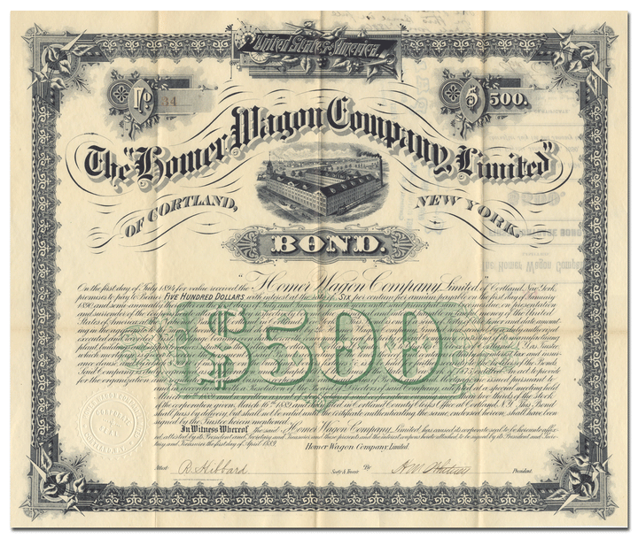 Homer Wagon Company, Limited of Cortland, New York Bond Certificate