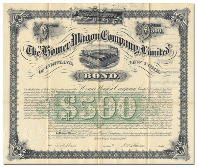 Homer Wagon Company, Limited of Cortland, New York Bond Certificate