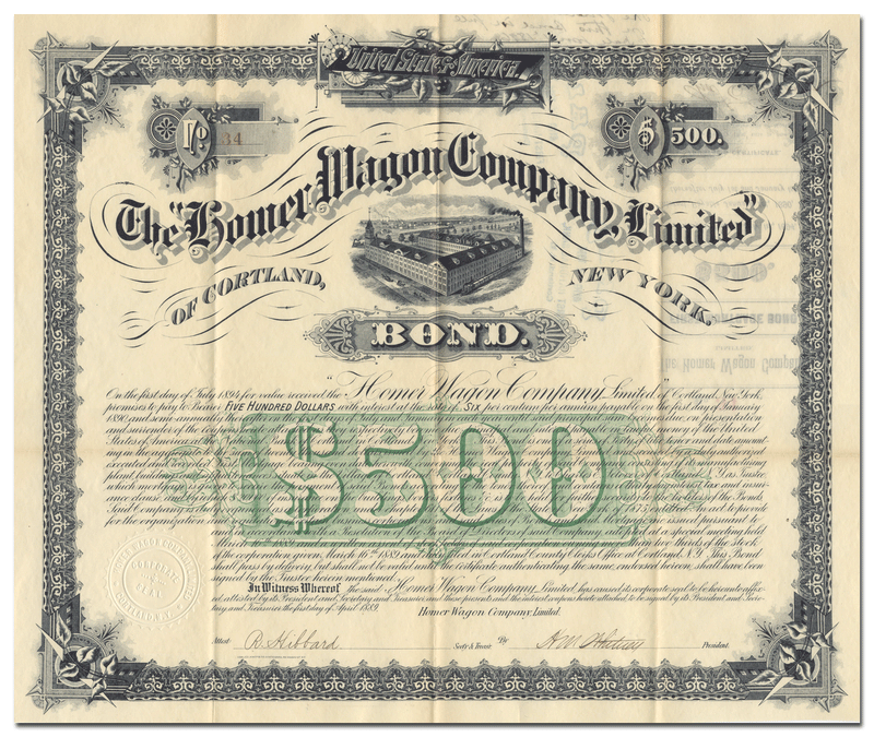 Homer Wagon Company, Limited of Cortland, New York Bond Certificate