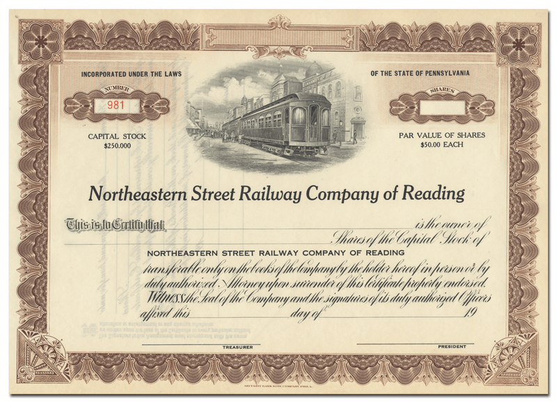 Northeastern Street Railway Company of Reading Stock Certificate