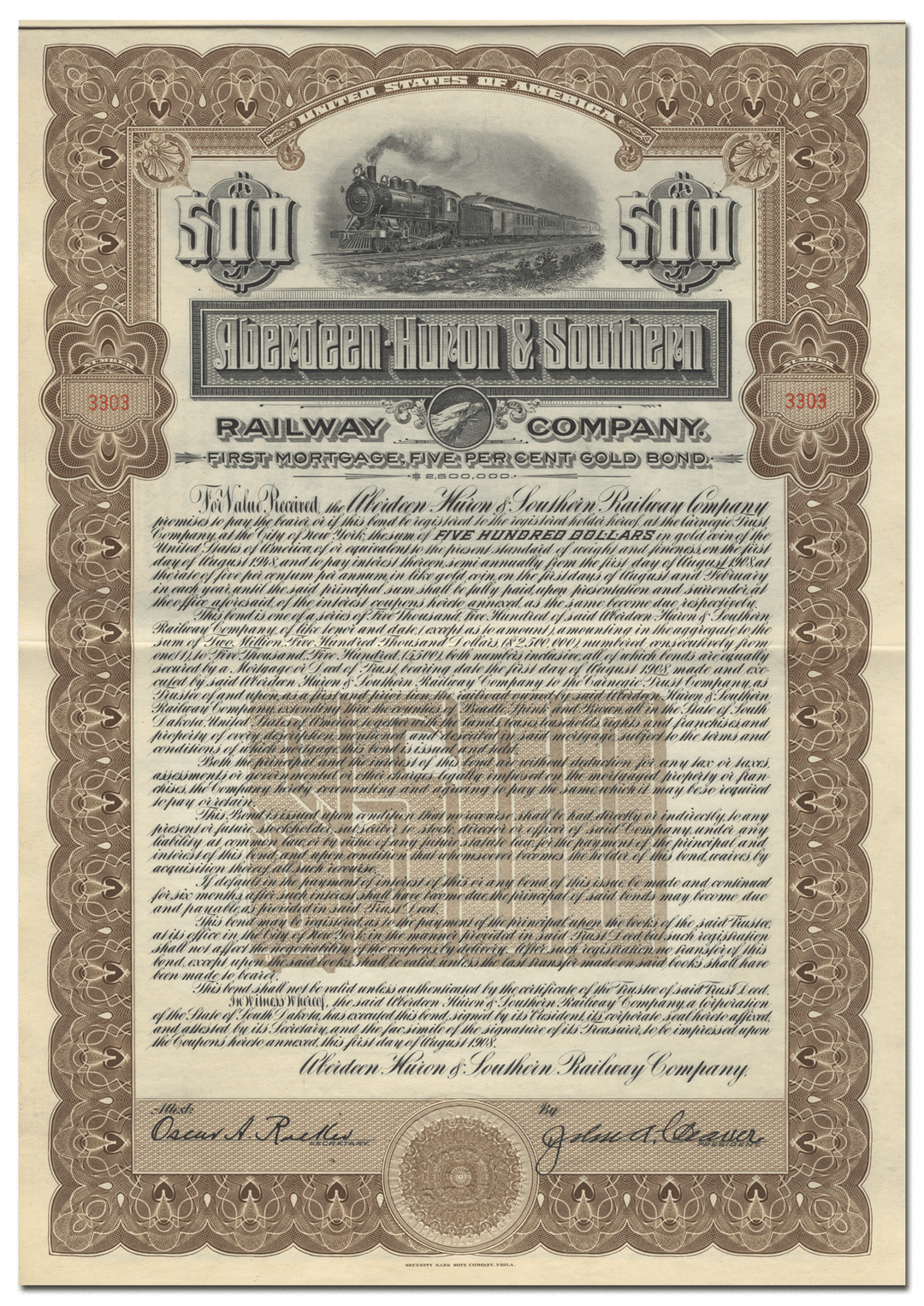 Aberdeen-Huron & Southern Railway Bond Certificate