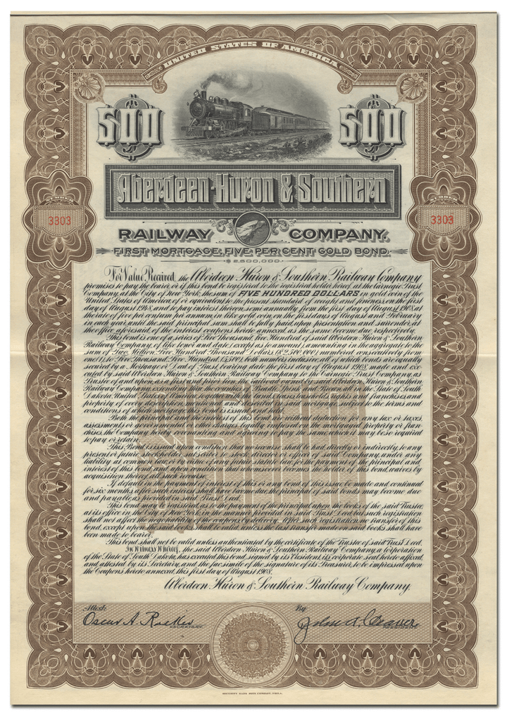 Aberdeen-Huron & Southern Railway Bond Certificate