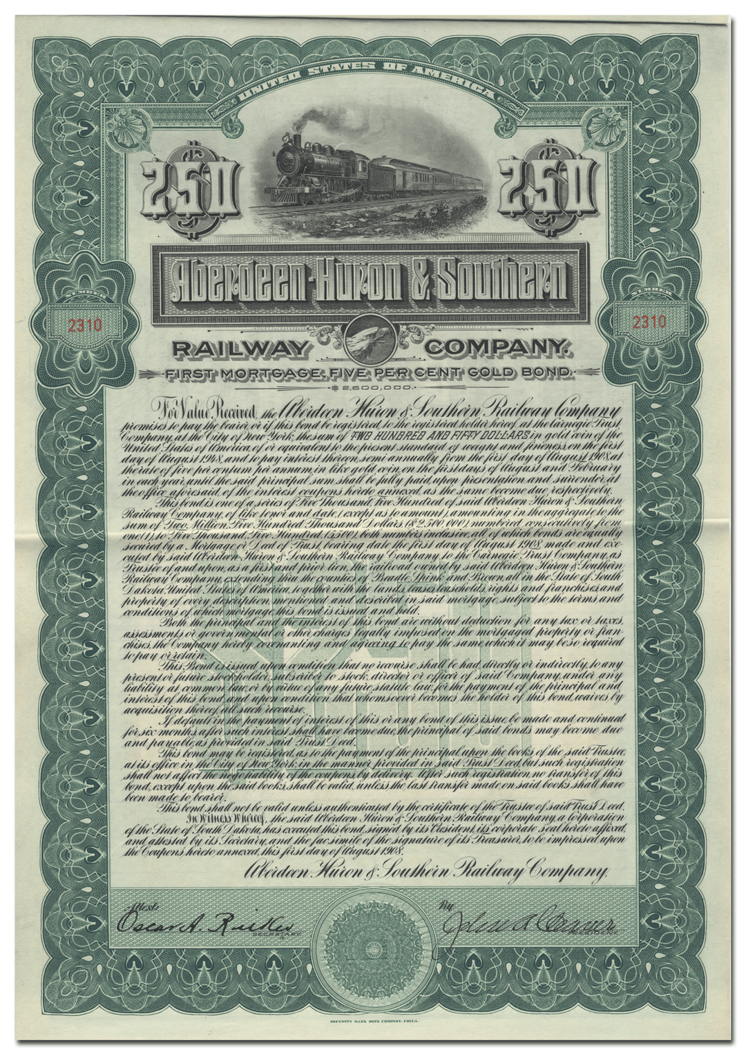 Aberdeen-Huron & Southern Railway Bond Certificate