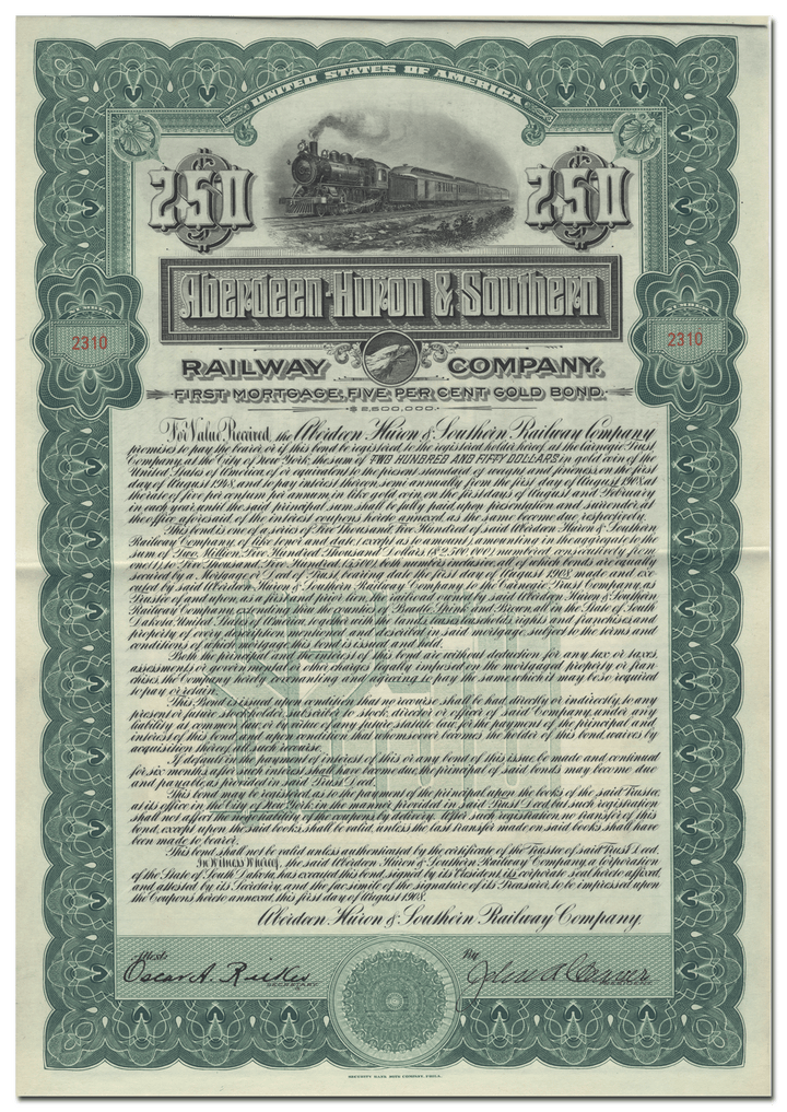 Aberdeen-Huron & Southern Railway Bond Certificate