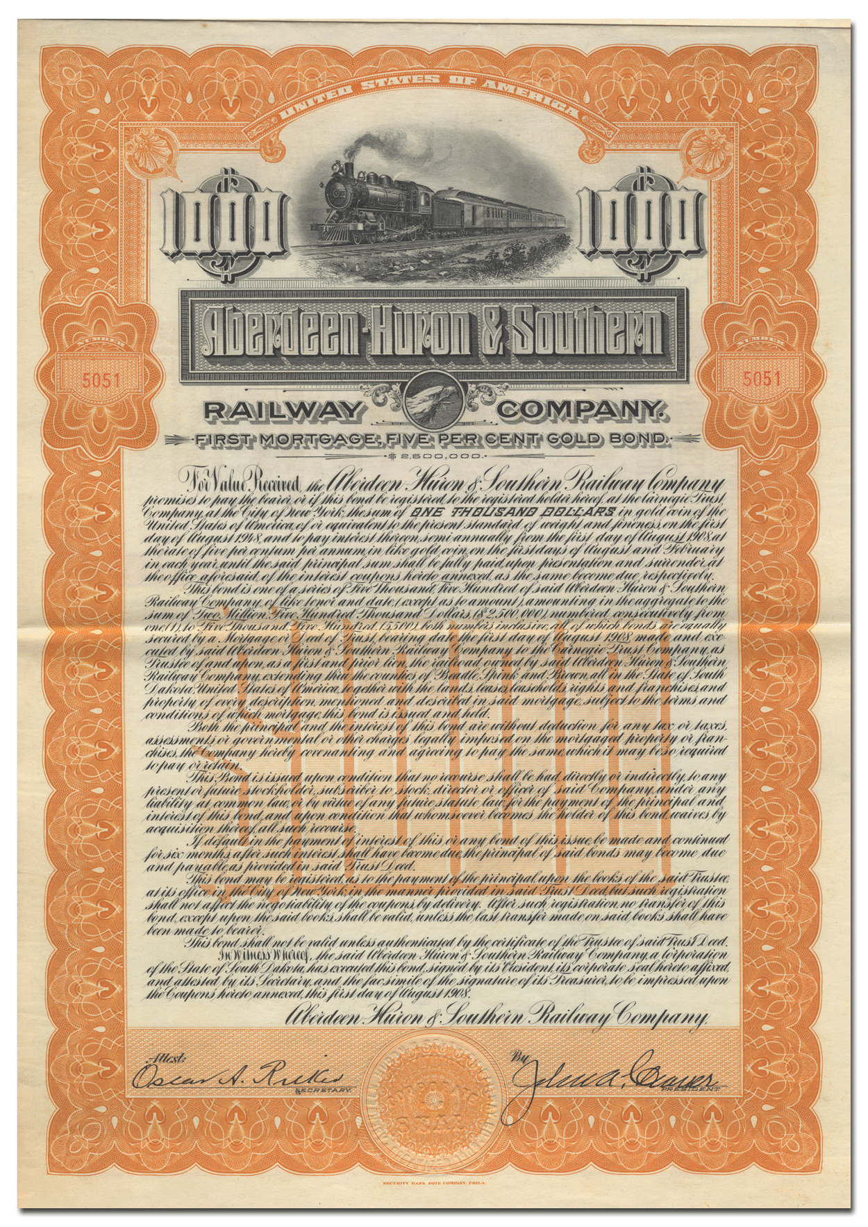 Aberdeen-Huron & Southern Railway Bond Certificate