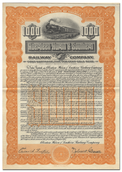 Aberdeen-Huron & Southern Railway Bond Certificate