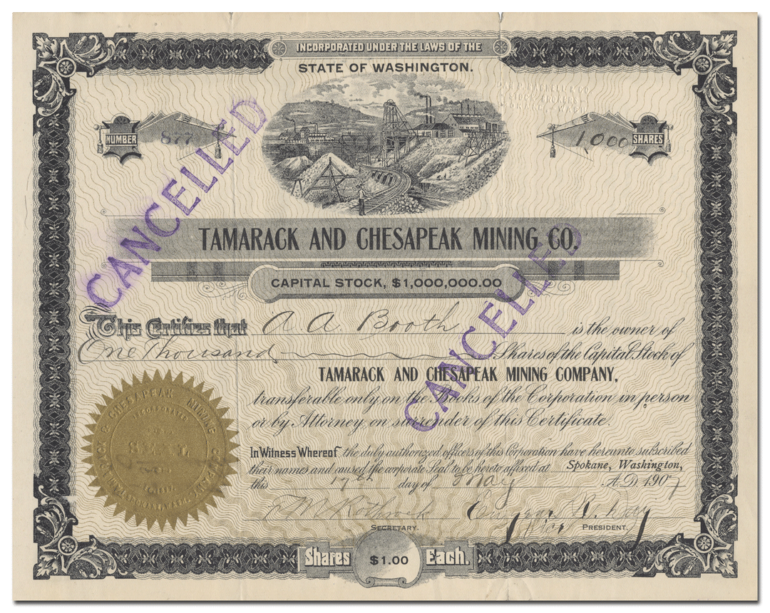 Tamarack and Chesapeak Mining Company Stock Certificate