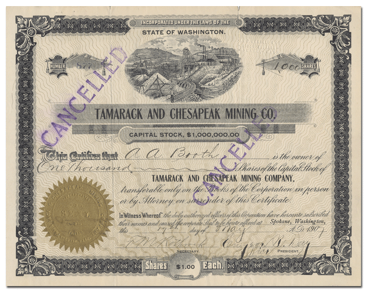 Tamarack and Chesapeak Mining Company Stock Certificate