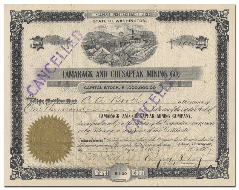 Tamarack and Chesapeak Mining Company Stock Certificate