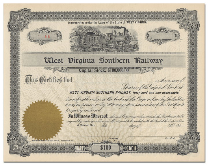 West Virginia Southern Railway Stock Certificate