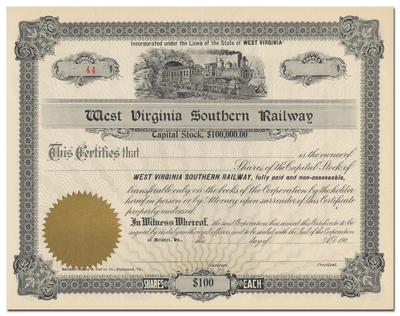West Virginia Southern Railway Stock Certificate