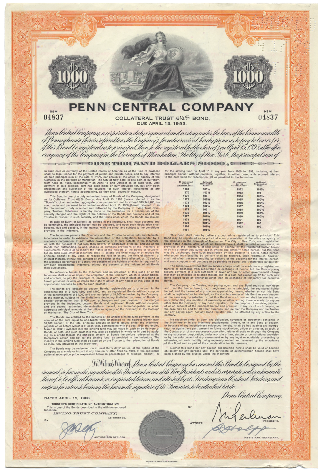 Penn Central Company Bond Certificate