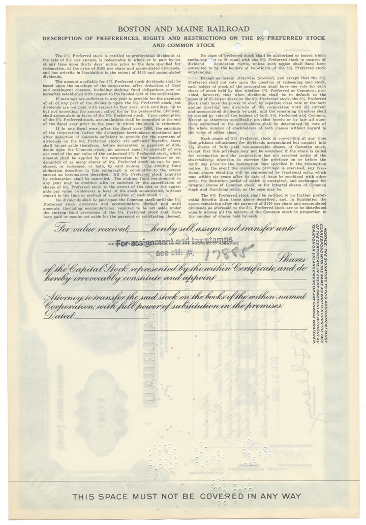 Boston and Maine Railroad Stock Certificate