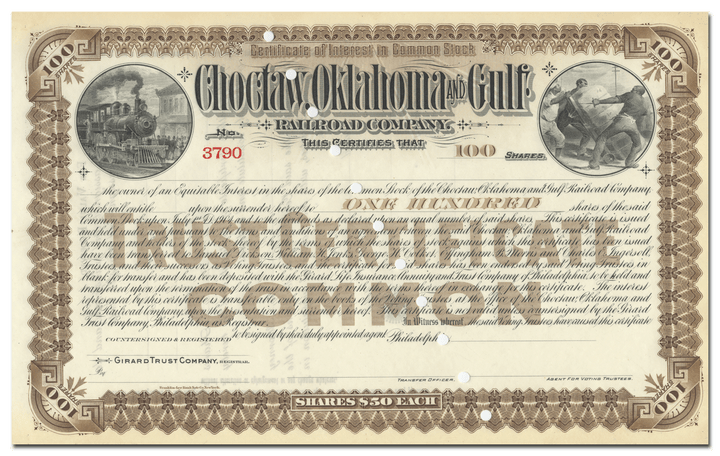 Choctaw, Oklahoma and Gulf Railroad Company Stock Certificate