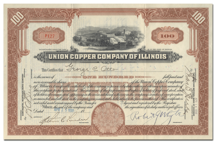 Union Copper Company of Illinois Stock Certificate