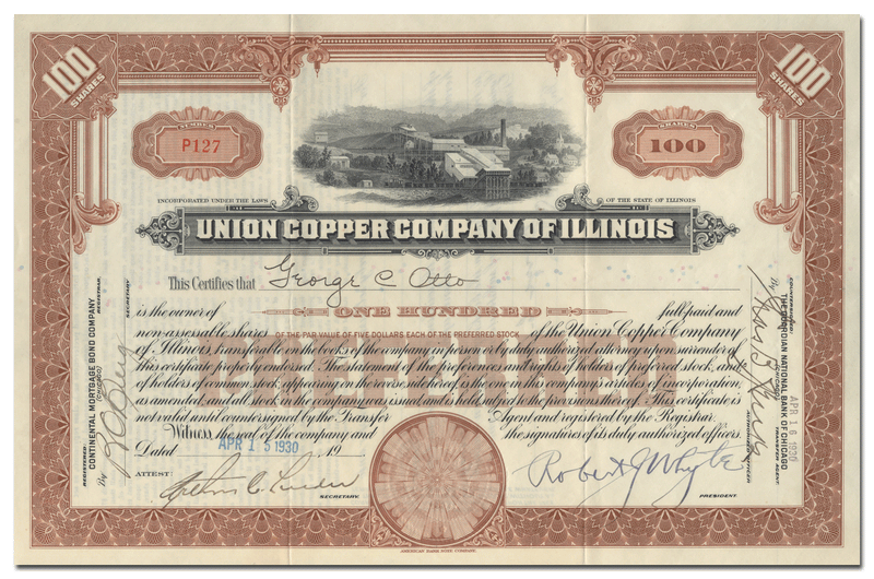 Union Copper Company of Illinois Stock Certificate