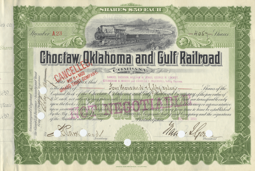 Choctaw, Oklahoma and Gulf Railroad Company Stock Certificate