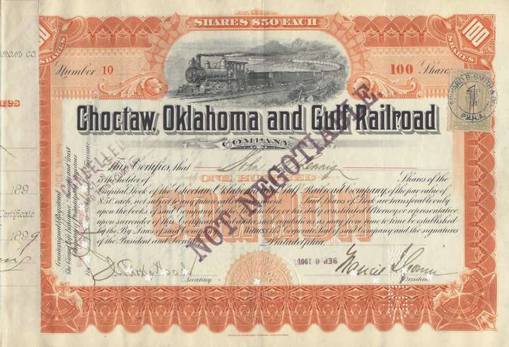 Choctaw, Oklahoma and Gulf Railroad Company Stock Certificate