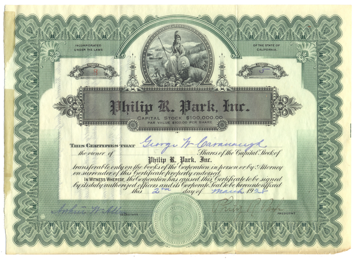 Philip R. Park, Inc. Stock Certificate