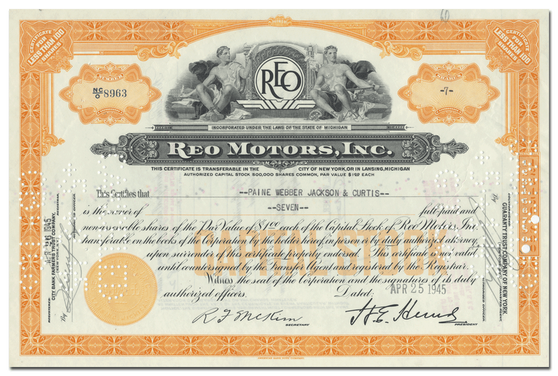 Reo Motors, Inc. Stock Certificate