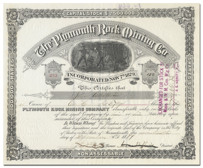 Plymouth Rock Mining Company Stock Certificate