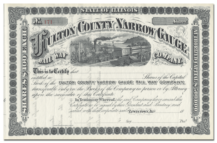 Fulton County Narrow Gauge Rail Way Company Stock Certificate