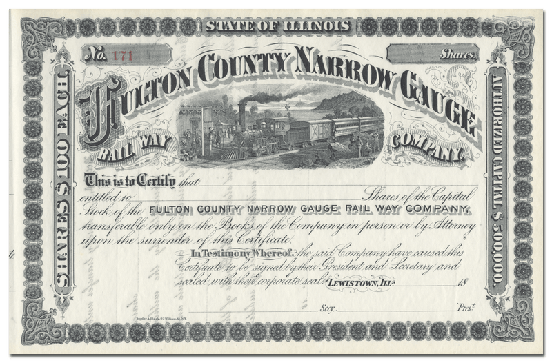 Fulton County Narrow Gauge Rail Way Company Stock Certificate