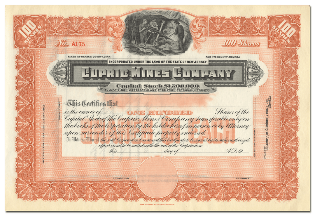 Cupric Mines Company Stock Certificate