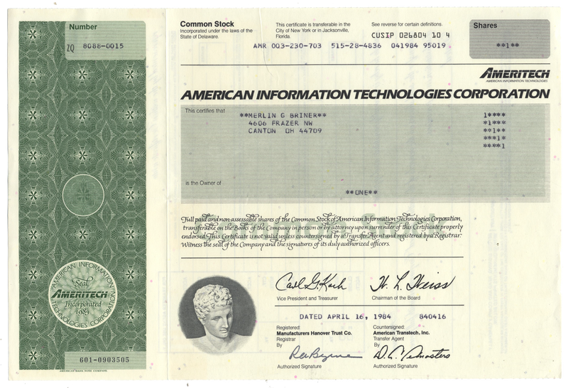 American Information Technologies Corporation Stock Certificate