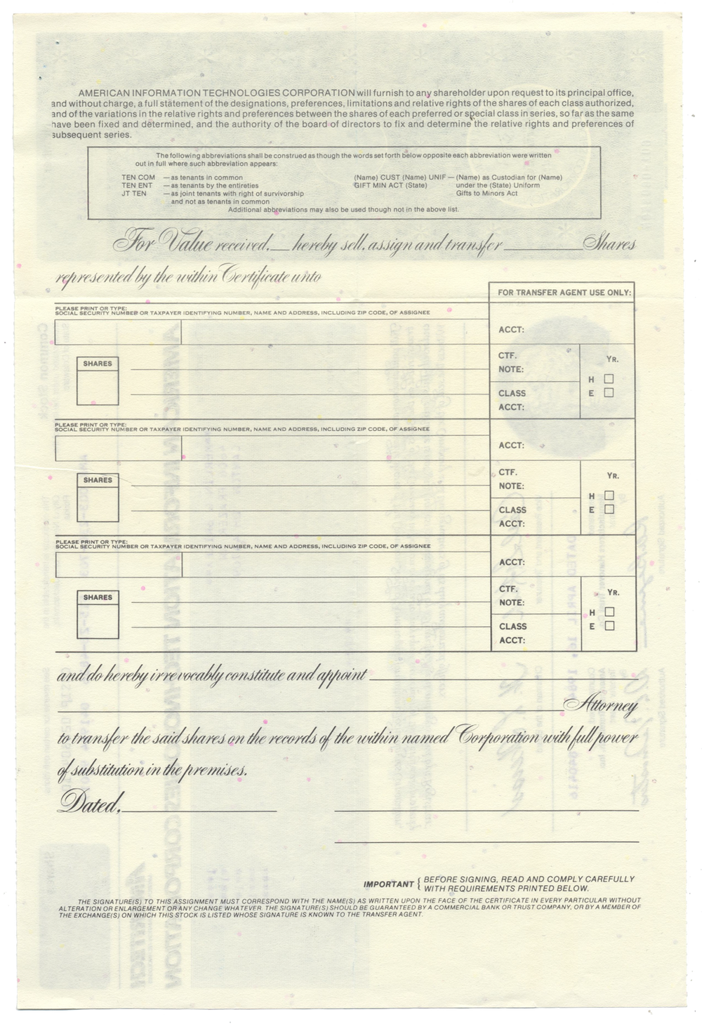 American Information Technologies Corporation Stock Certificate