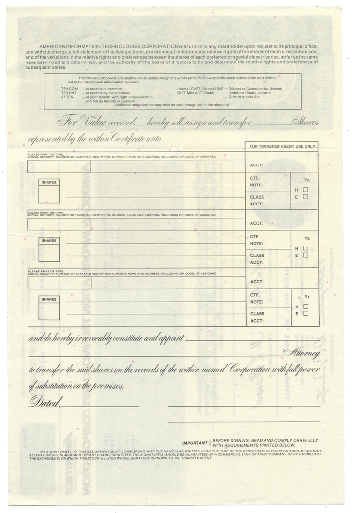 American Information Technologies Corporation Stock Certificate