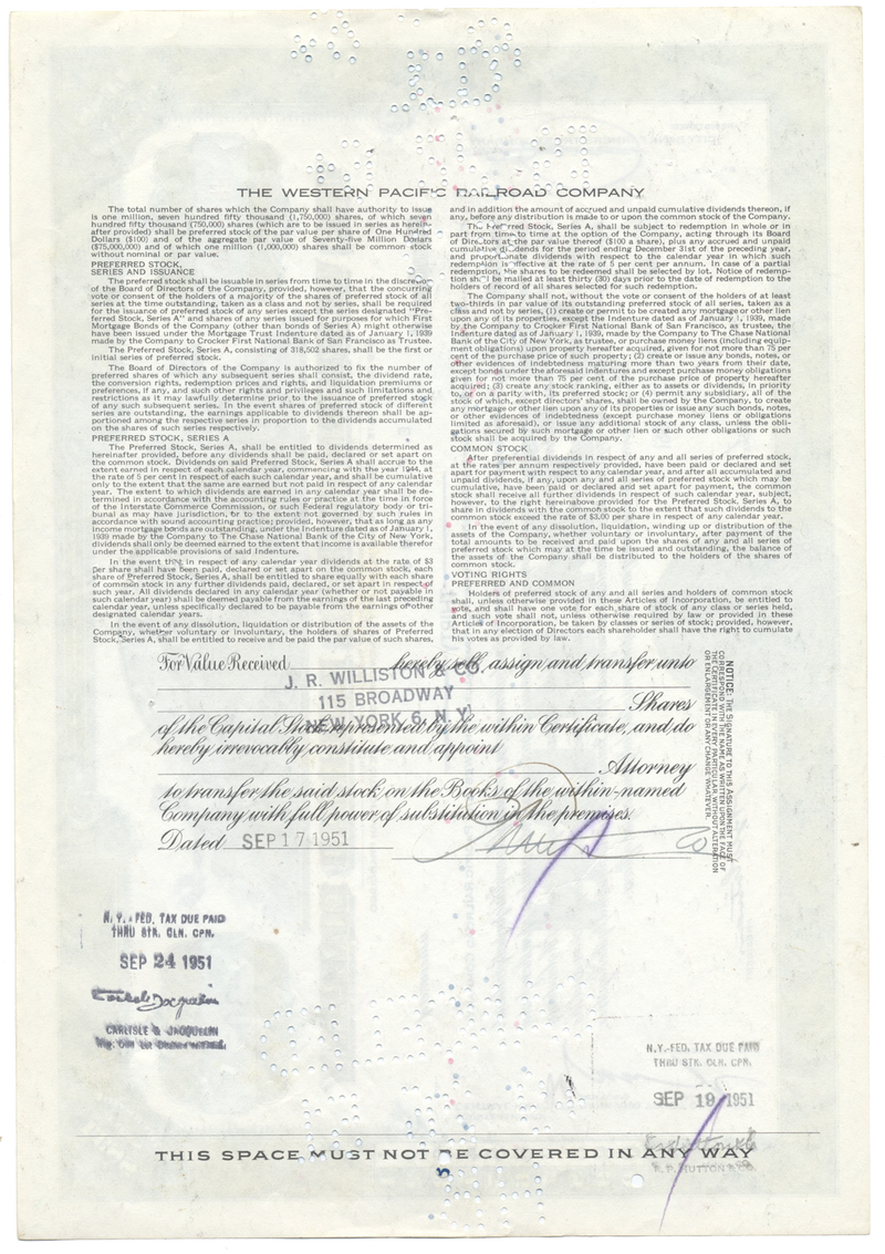 Western Pacific Railroad Company Stock Certificate