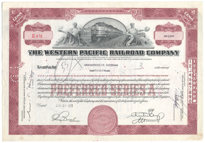 Western Pacific Railroad Company Stock Certificate